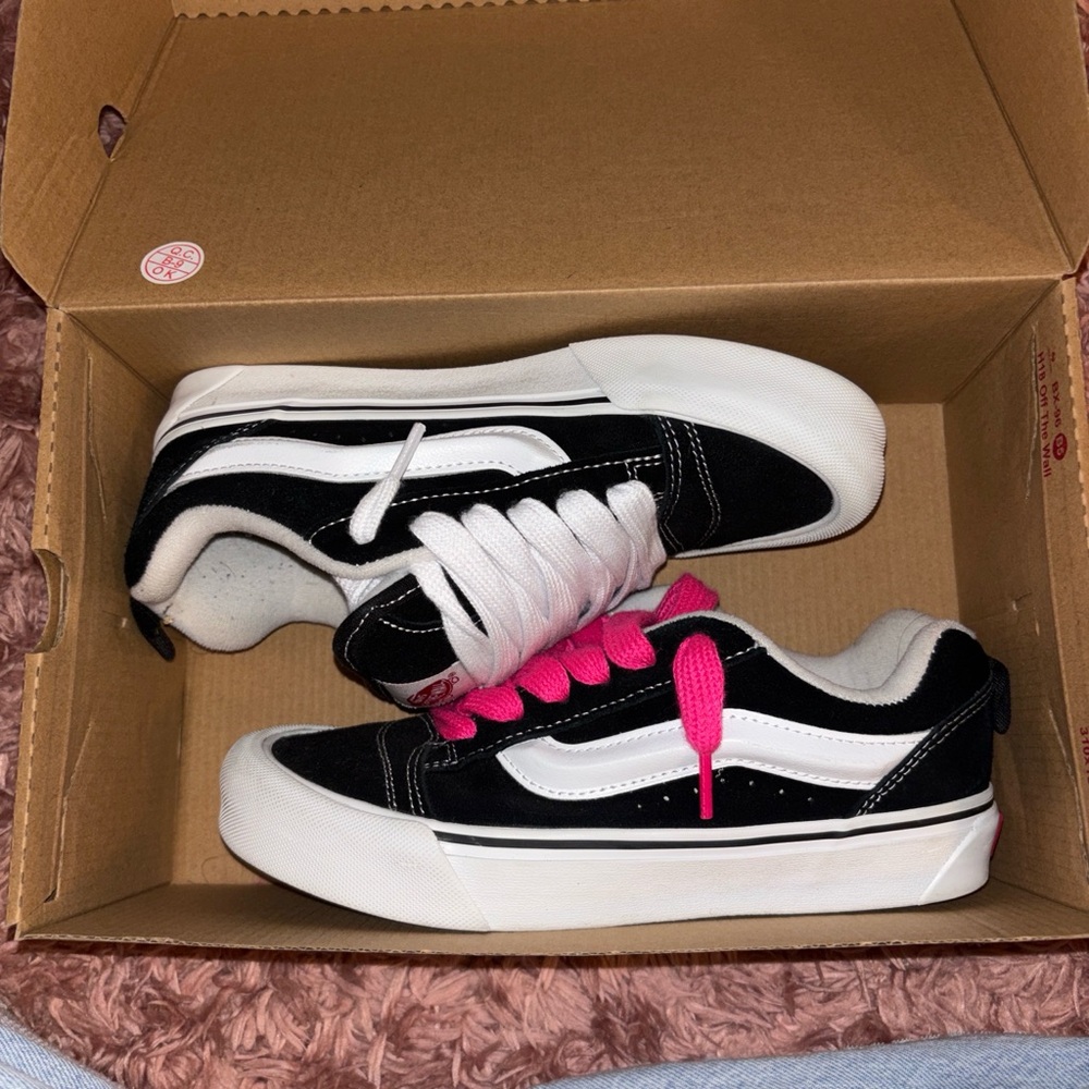 Vans Women's Black and White Sneakers with Pink Accents